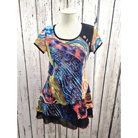 Bali Tops - ALK Women's S Bali Canada Mesh Short Sleeve Multicolor Tunic Blouse Shirt Top